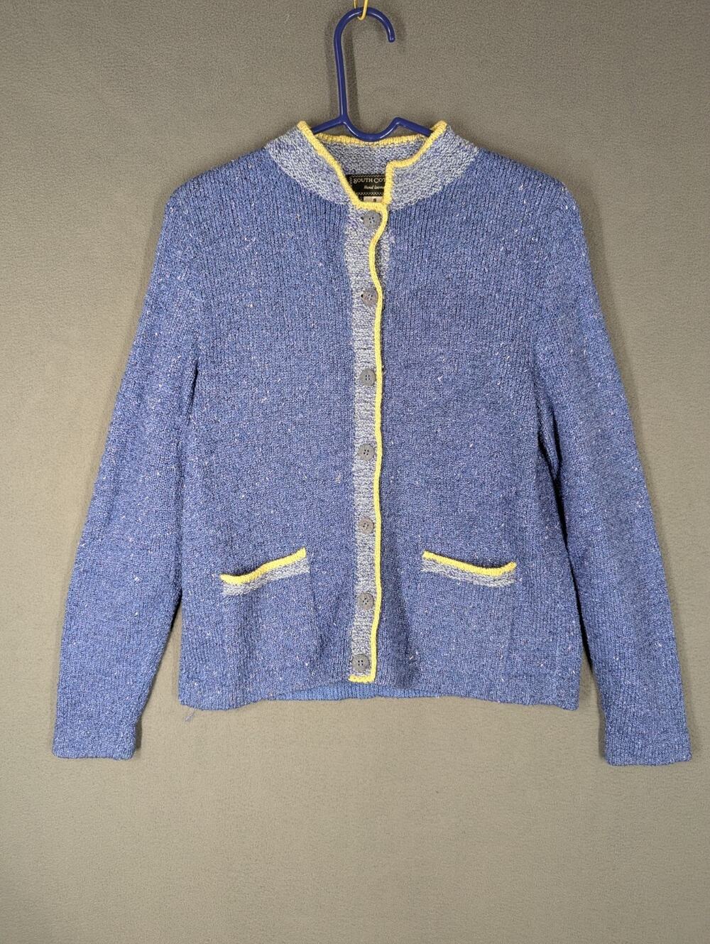 Vintage South Cotton Hand Loomed Cardigan Sweater Womens Small Blue Heavy